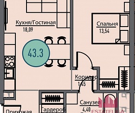 1-но комнатная квартира - 43.5 кв.м. купить